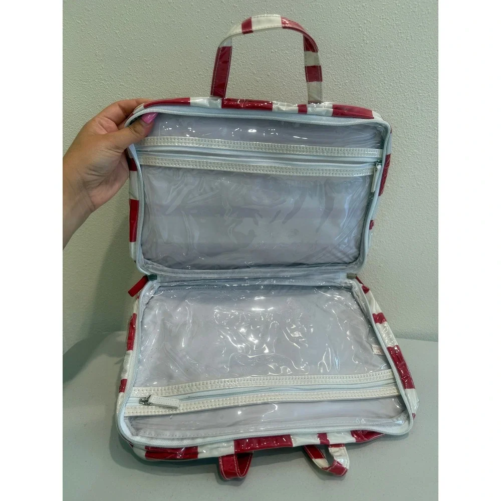 Red White Striped Cosmetic Travel Bag Glossy Patent Organizer Case Zippered